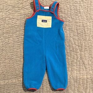 Patagonia Blue Overalls with orange and Yellow Accents